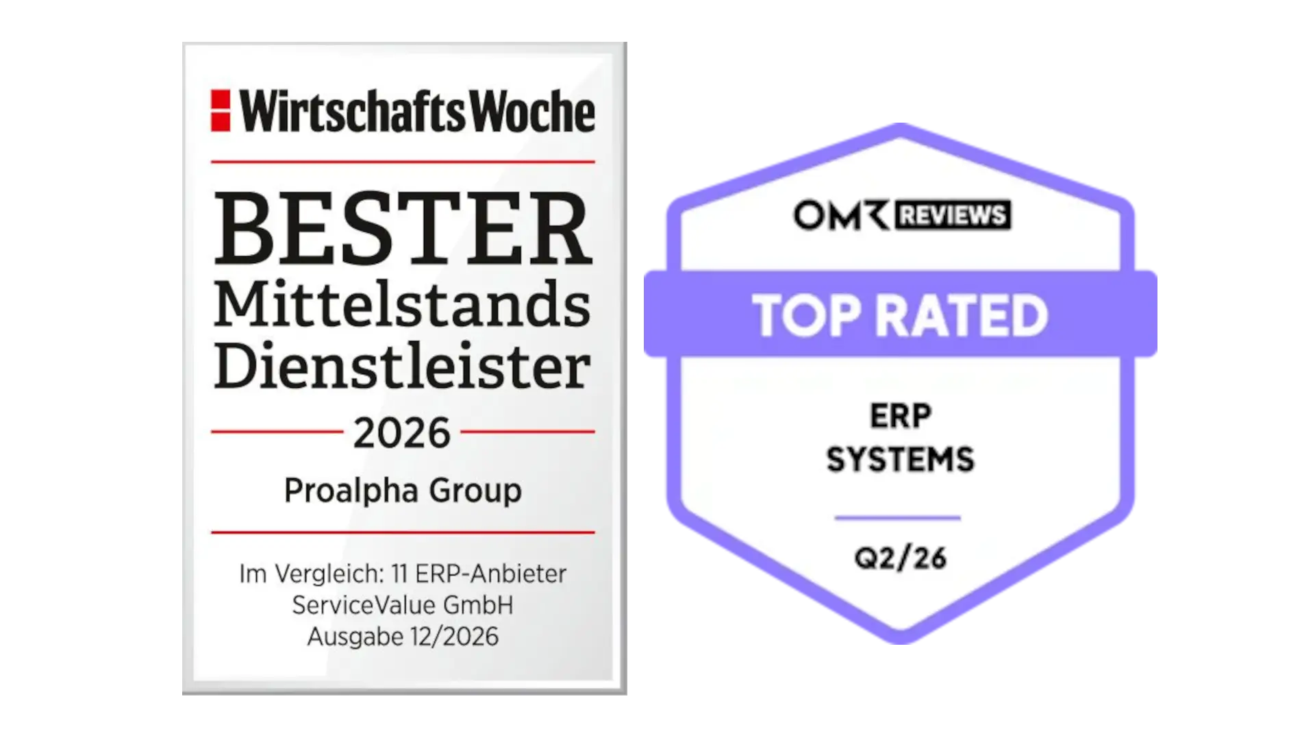 Two award badges: left is 'WirtschaftsWoche Bester Mittelstands-Dienstleister 2026' by Proalpa Group; right is 'Top Rated ERP Systems' badge with purple ribbon.
