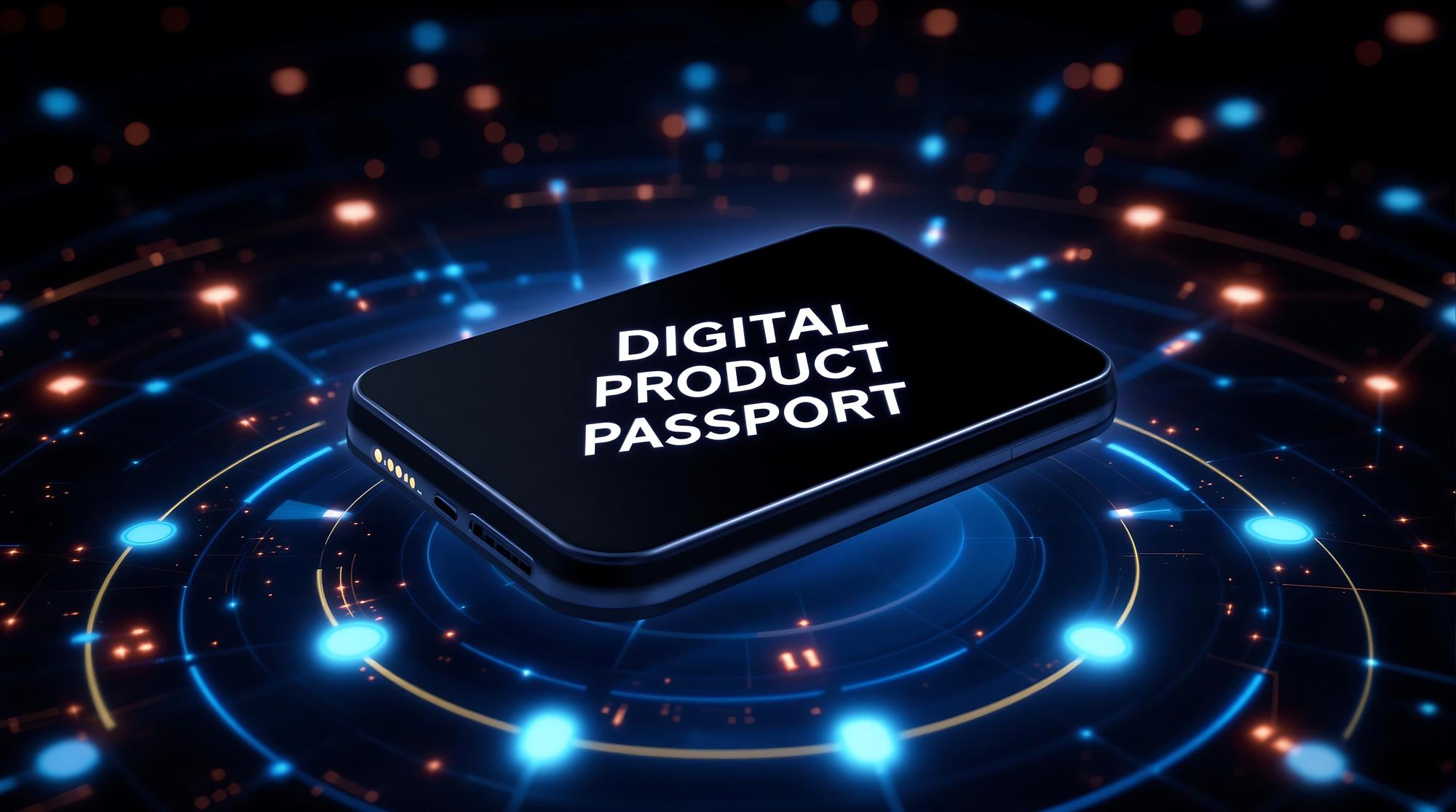 Smartphone displaying the phrase 'Digital Product Passport' on a dark, futuristic tech background.