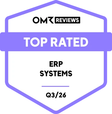 Badge reading 'TOP RATED' for ERP SYSTEMS from OMR REVIEWS, Q3/26.