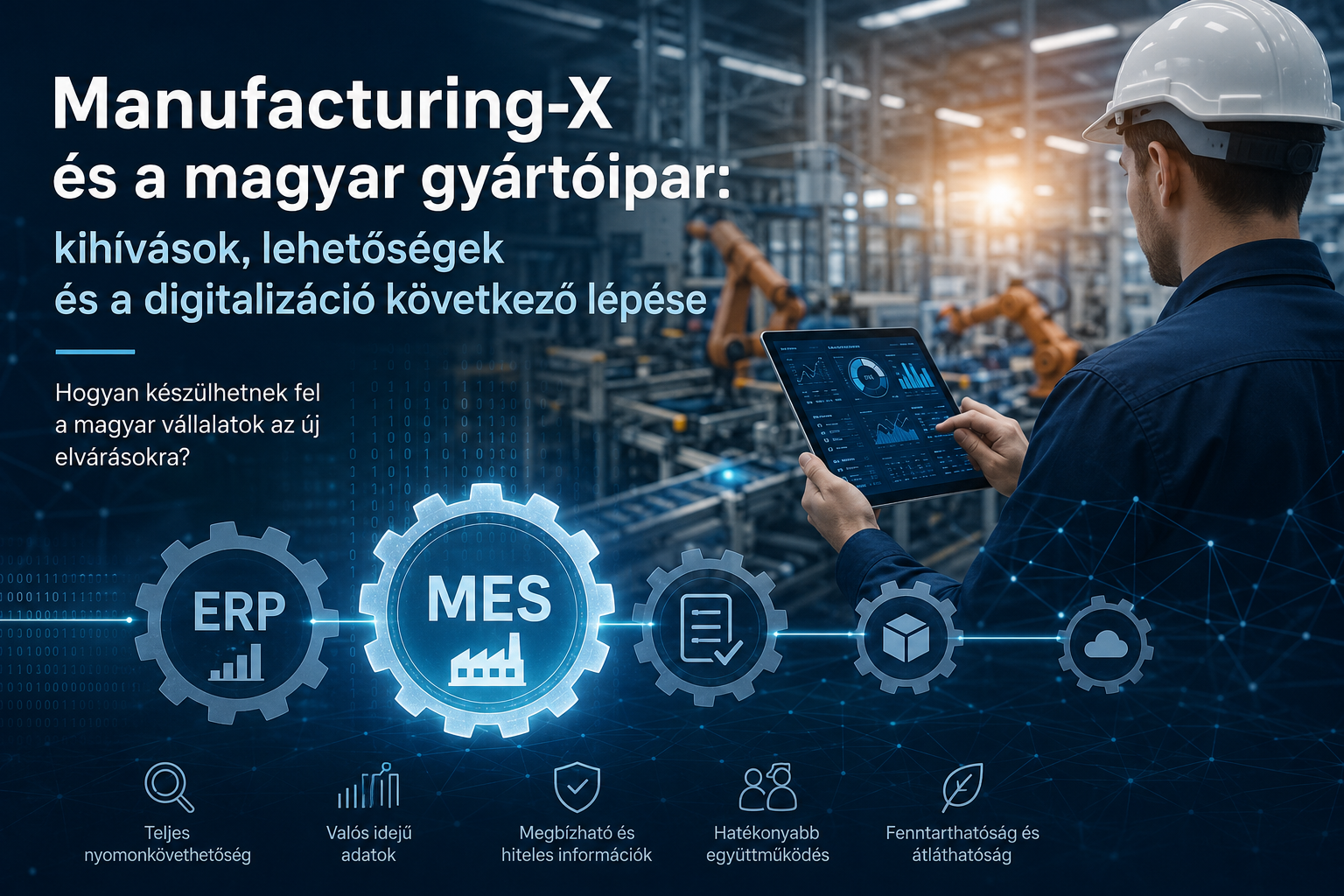 Modern gyártás digitalizációját bemutató banner: szakember tabletet használ egy automatizált gyárban, fogaskerekekkel és hálózatos ábrákkal.
