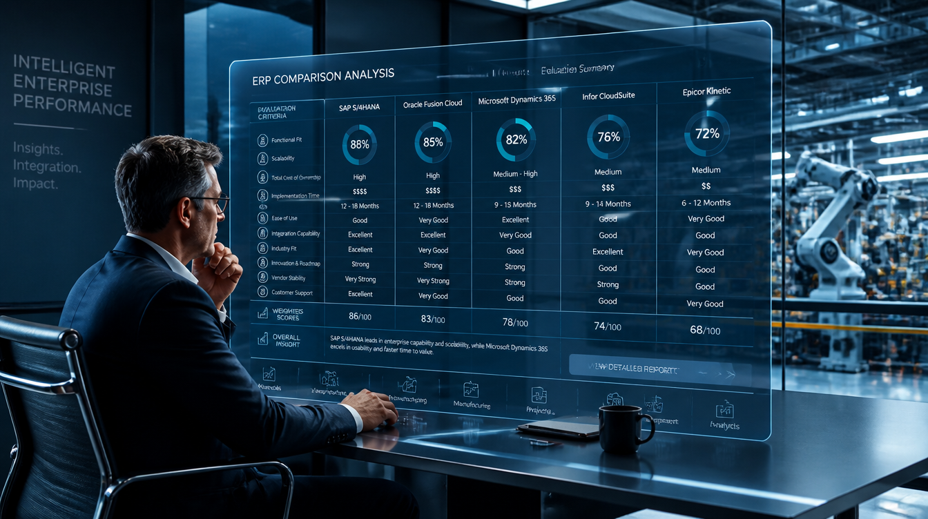 Businessman in a suit studies a blue holographic ERP comparison dashboard projected over a desk in a high-tech factory setting, with a coffee mug nearby.
