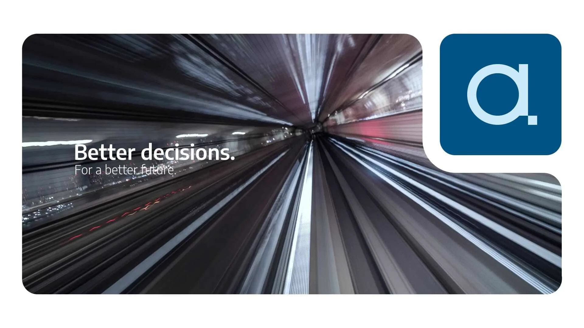 Motion-blur cityscape banner with the slogan 'Better decisions. For a better future.' and a blue square logo with a white 'd'